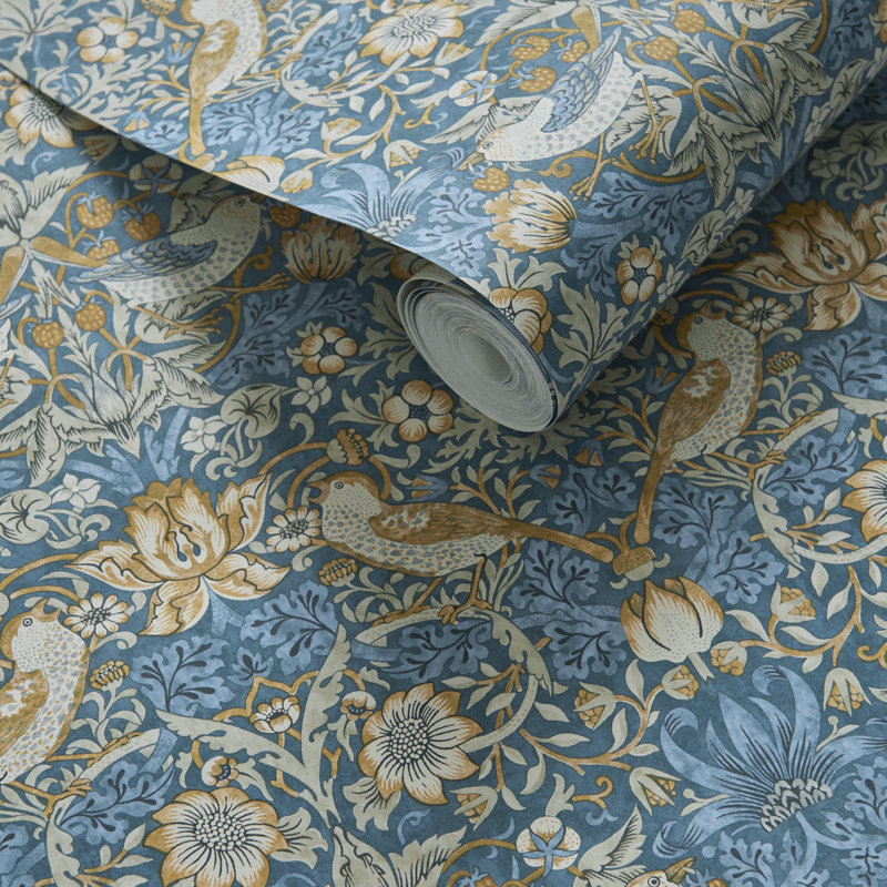 Strawberry Thief William Morris 10.05m x 52cm Matte Wallpaper Roll, Denim/Spice