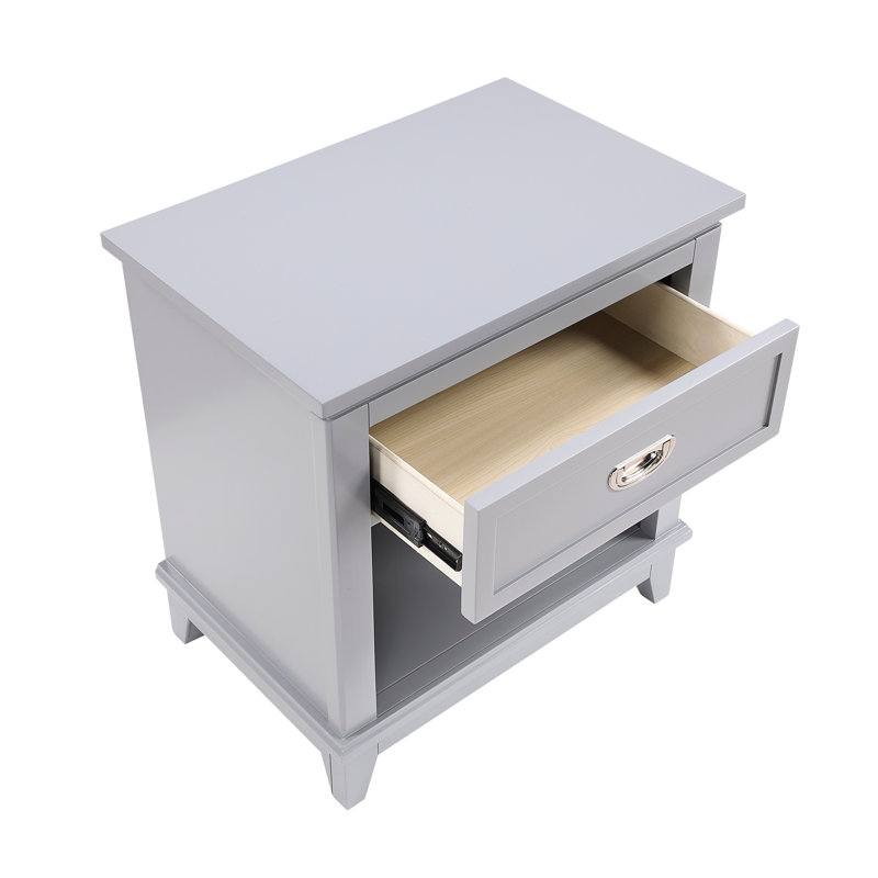 Table de chevet de chambre à coucher au design classique, 1 tiroir et rangement, poignées en nickel poli, sans assemblage, style 24 po x 16 po, avec glissières à roulement, tablette inférieure pour le rangement, assemblage