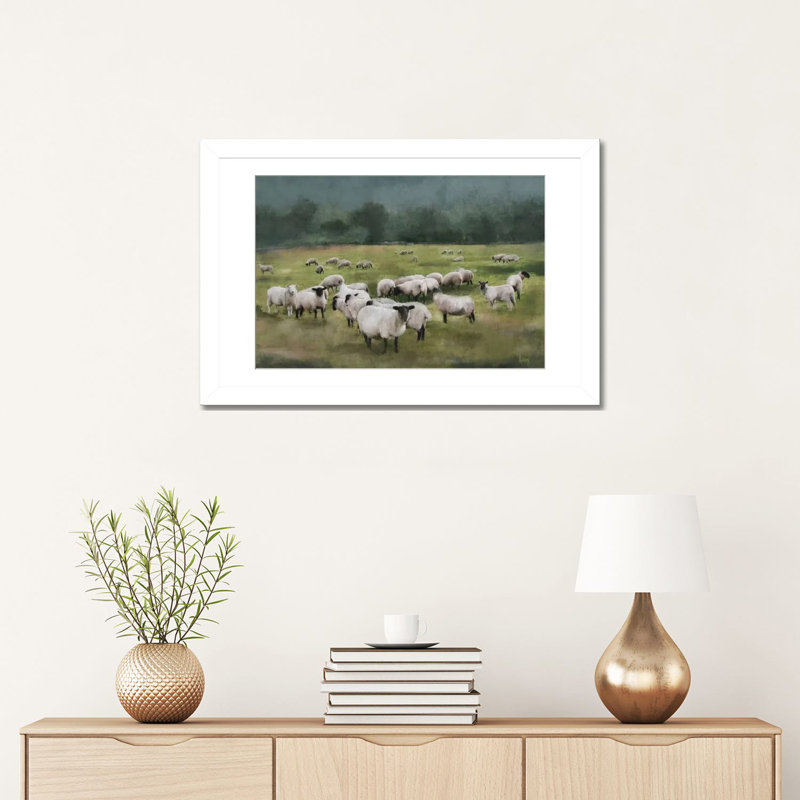 Moody Sheepscape, White Open Corner Framed Paper, White, 16" H x 24" W x 1" D