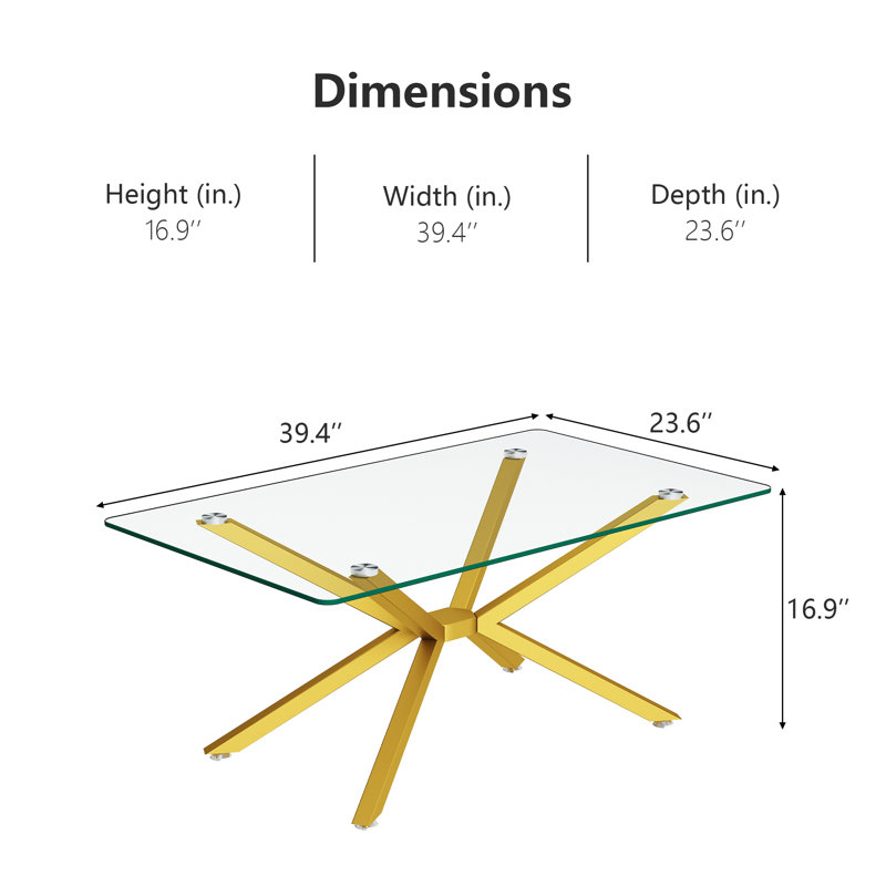 Modern Rectangle Glass Coffee Table With Tempered Glass Top And Metal Legs, Clear, Gold