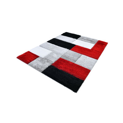 Tapis géométrique moderne rouge et noir RugGuy pour le salon, la salle à manger - 5 pi 3 po x 7 pi 3 po RugGuy