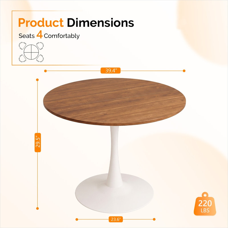 Table de salle à manger ronde à pied central de 100 cm (39,4 pouces) en noyer blanc, pour quatre personnes, de style milieu du siècle.