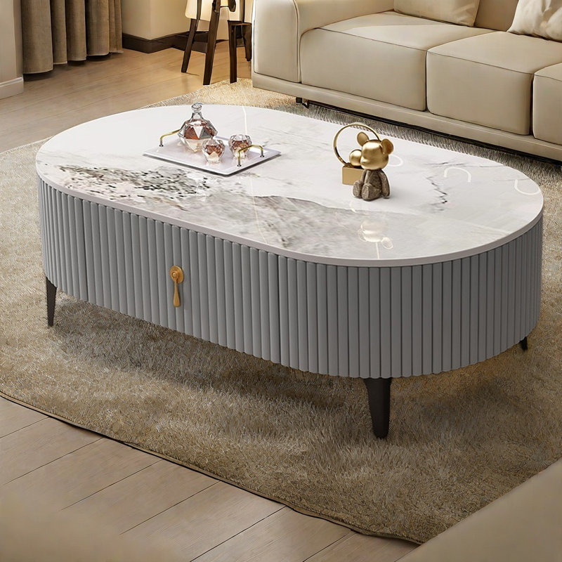 Oval modern simple style coffee table, 15"H x 47.2"L x 23.6"W, White/Gray, Gray