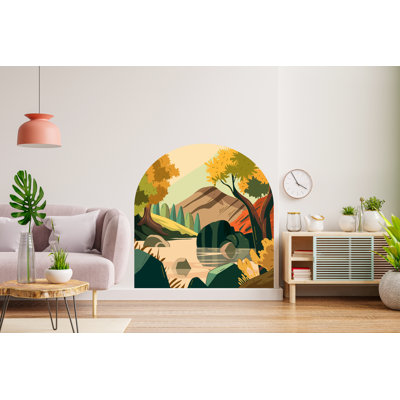 Fall Landscape River, Trees & Mountain Decal, Vibrant Autumn Colors, Nature Decor, Fall Wall Art, Hedboard Wall Decal, Arch Wall Decal
