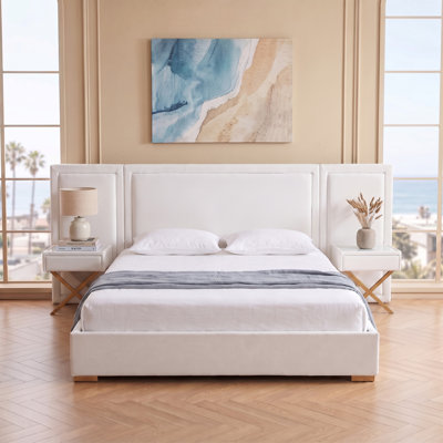 Modern Wide-Panel Upholstered Bed, King, White Velvet
