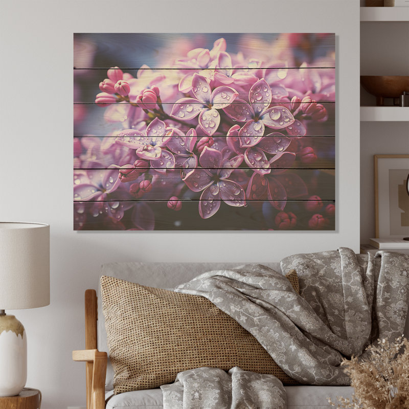 Lilas rose photo harmonie I - lilas, art mural sur bois de pin naturel, H 10 po x l 20 po