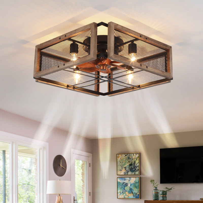Daimyan Caged Ceiling Fan with Lights Remote Control, 20 Inch Farmhouse Flush Mount Ceiling Fan with Lights, 4 E26 Bulbs with 6 adjustable fan speeds (bulbs not included) 