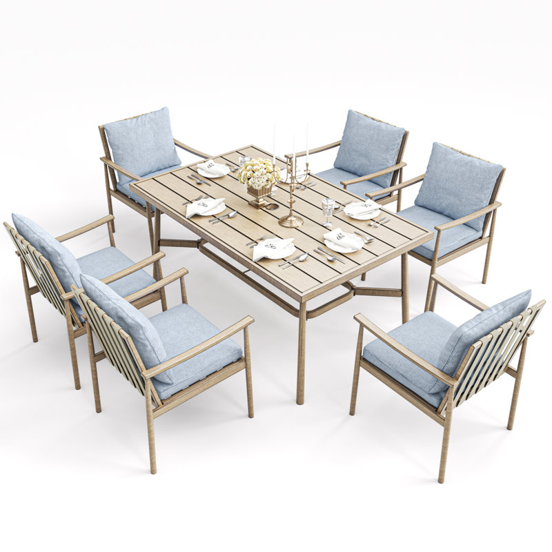 Ensemble de salle à manger d'extérieur 7 pièces pour 6 personnes, table de patio rectangulaire en aluminium avec trou pour parasol