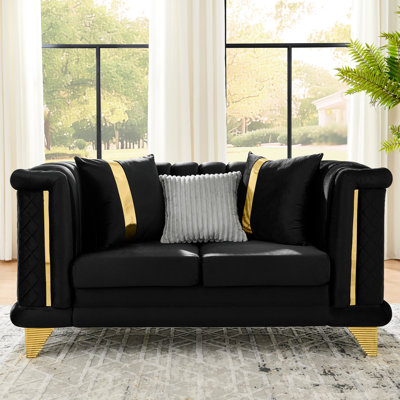 Velours noir de luxe Mid-Century de style victorien de 69 pouces avec garniture dorée, coussins roulés et exquis pour une installation confortable et confortable.