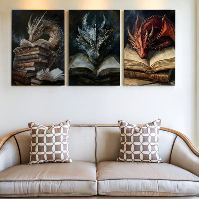3 Pieces Mystical Dragon Large Wall Art Fantasy Creature Illustration for Home Decor, Three Pieces Wall Art for Living Room, Bedroom, and Office Decor