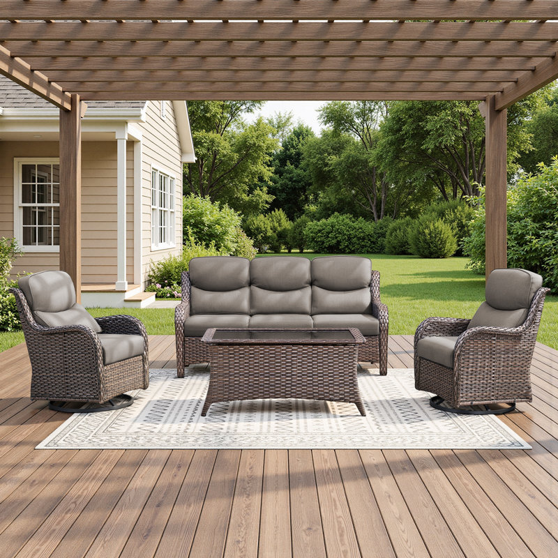 4-Pieces Outdoor Wicker Patio Sofa Set With Coffee Table And Swivel Chairs, Gray Cushion/Brown Frame