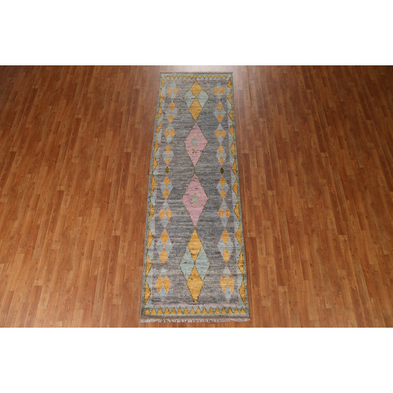 Tapis de couloir gris en laine gris noué à la main 3 x 10