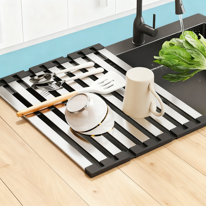 Égouttoir à vaisselle pliable sur évier, tapis d'évier de cuisine enroulable en acier inoxydable et égouttoir pour un rangement peu encombrant