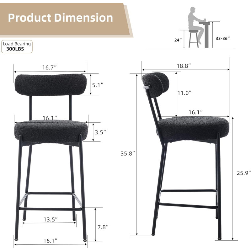 Ensemble de 2 tabourets de comptoir modernes 27 po, tabourets de bar en cuir avec dossier, pédales et pieds en métal
