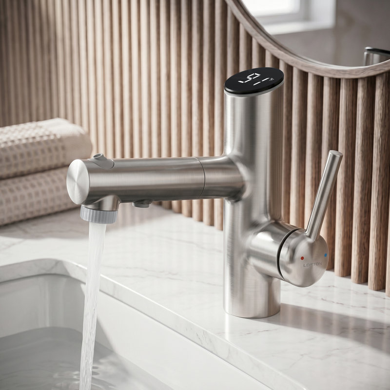 Robinet pour salle de bain à trou unique avec affichage de la température sans pile en Fahrenheit de Leuton, Brushed Nickel