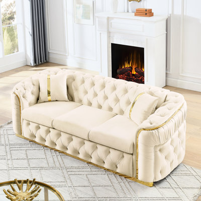 Velours beige 3 avec 2 coussins, 90,6 pouces, accents en acier inoxydable doré, canapé de luxe moderne, pouces