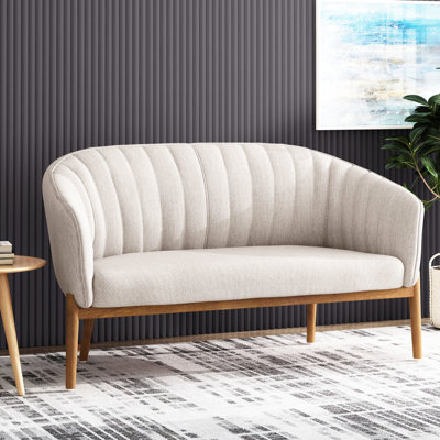Tissu beige de style moderne du milieu du siècle, coutures en canaux, pieds en bois d'hévéa brun, assemblage requis (coutures et thème inclus).