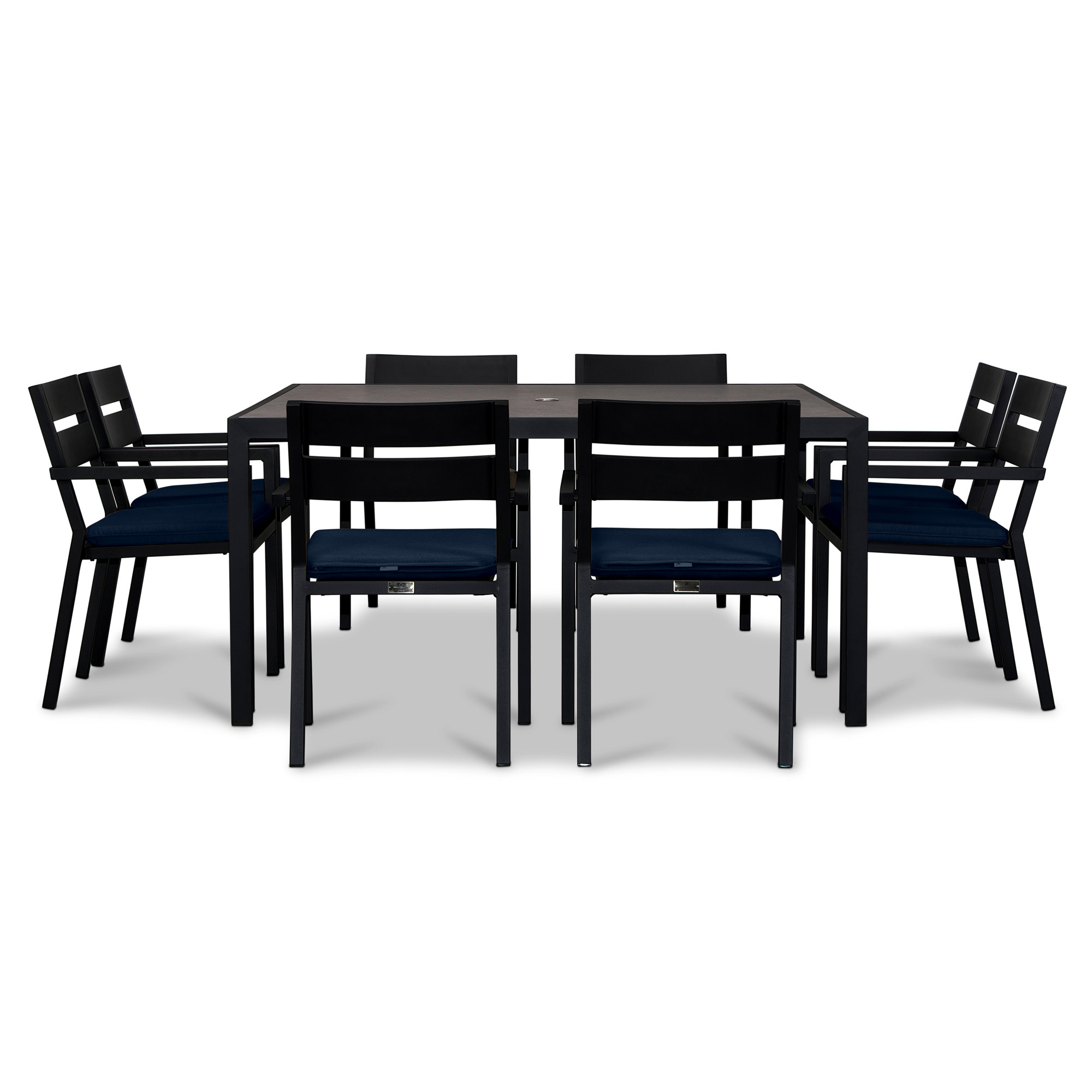 Vivant Square 8 - Person Outdoor Dining Set with Cushions, Spectrum Indigo Sunbrella® Plainweave, Black