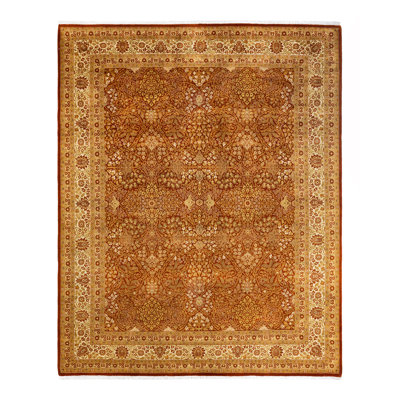 Tapis orange / rouge en laine noué à la main de conception unique 8 pi 2 po x 10 pi 1 po Hilpa