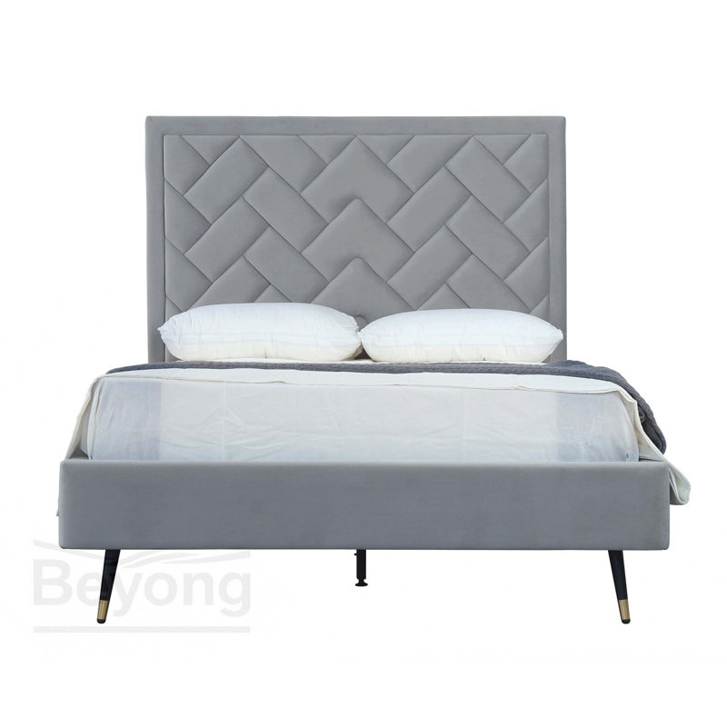 Lit double en velours Crosby, Gris, Double