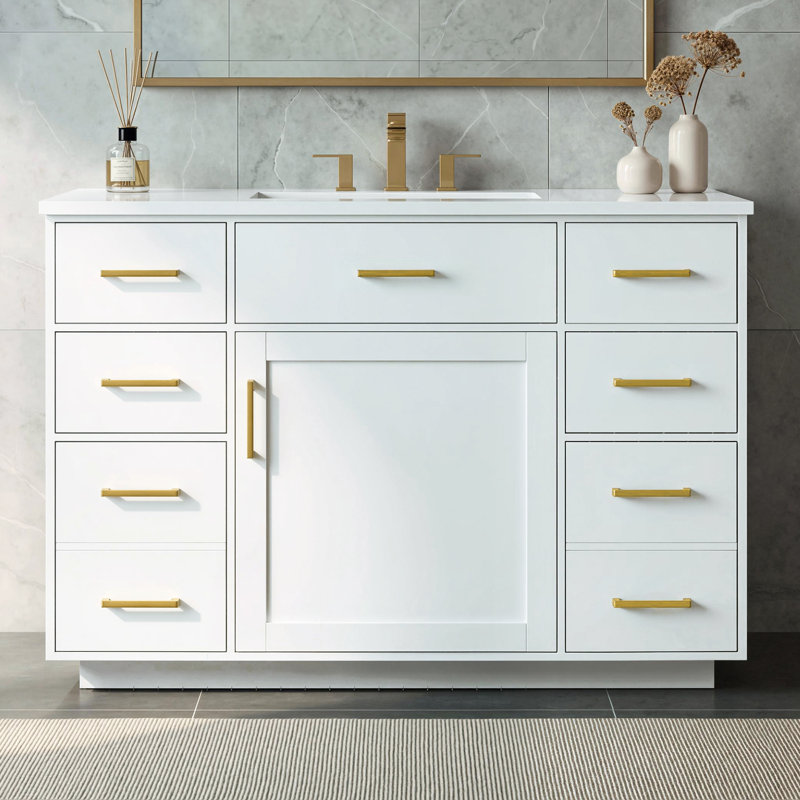 Meuble-lavabo de salle de bain de 122 cm (48 po) avec lavabo composite, 7 tiroirs et armoire, White