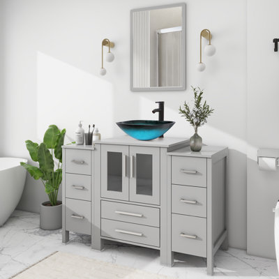  48“ Single Bathroom Vanity Set with Glass Vessel Sink, Manufactured Wood Top, Water Resistant, Zinc Alloy Faucet