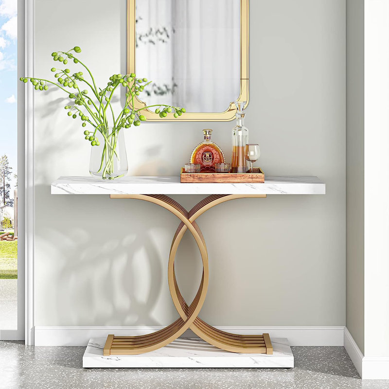 Console 39,37 po, Imitation marbre blanc / or