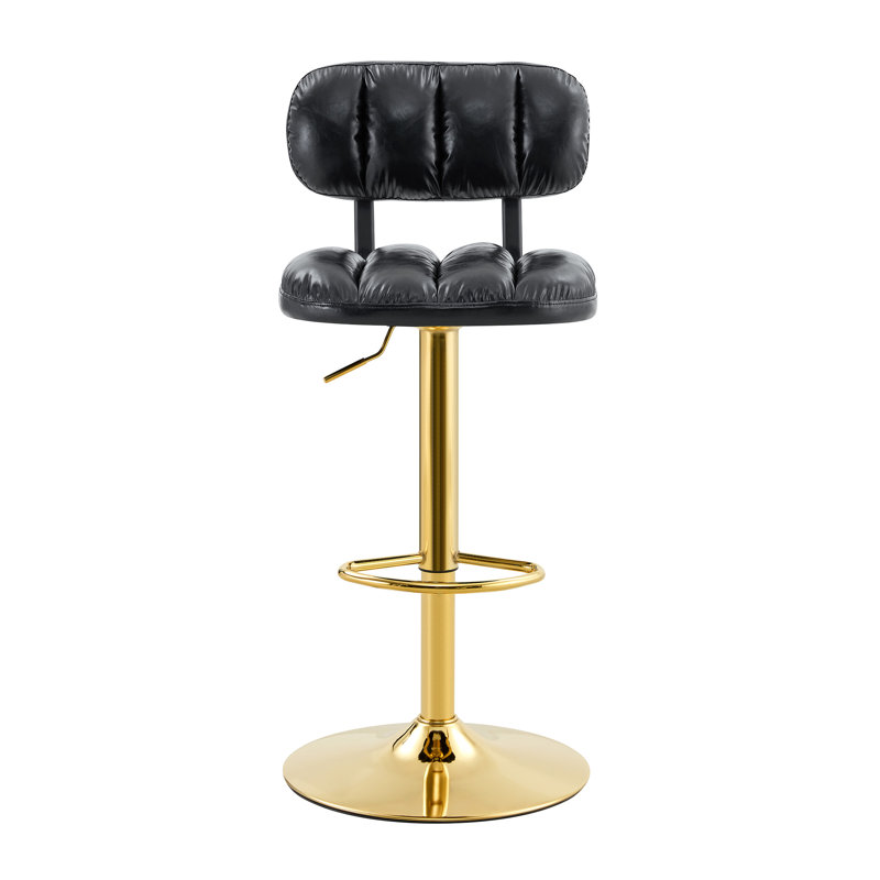 Pu Leather Upholstered Adjustable Height Bar Counter Stool 2Pcs, Black, Gold
