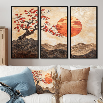 Orange Spiritual Moon Of Japanese Landscape II - Japanese Landscape Wall Art Set