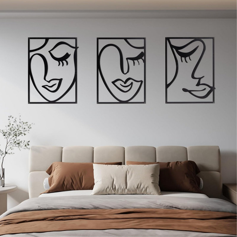 Three Piece Black Metal Wall Art , Face Line Drawing Abstract Design, 3d Hollow Out Cut, Ideal For Home Decor Upgrading Art, Pattern, Cut Effect, Easy To Hang On Interior