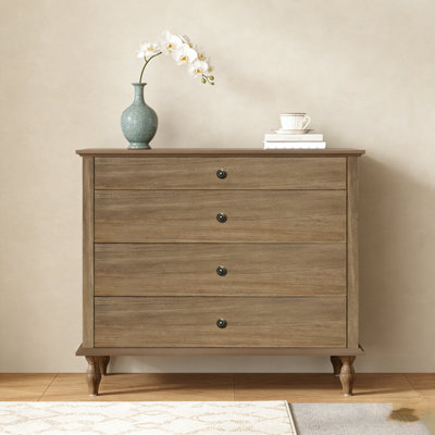 Large 4-Drawer Chest With Solid Wood, Brushed Deep Brown Finish, And Metal Knobs For Bedroom And Nursery