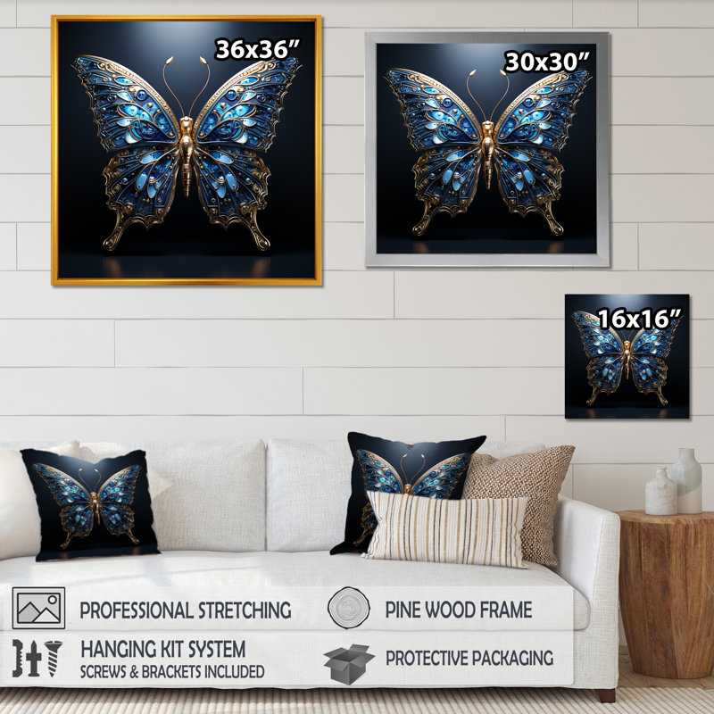 «Butterfly Watery Blues I», reproduction sur toile, H 36 po x l 36 po x P 1,5 po, Cadre flottant doré