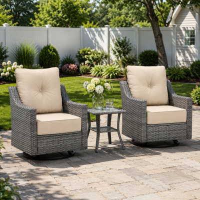 3 Piece Patio Furniture Set, Outdoor Swivel Rocker Patio Chairs Set Of 2 With Side Table, High-back Wicker Patio Furniture With 6" Cushions For Porch, Balcony, Garden, Poolside, Gray/beige