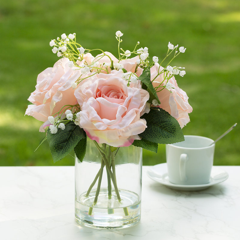 Roses en soie dans un vase, Rose / vert