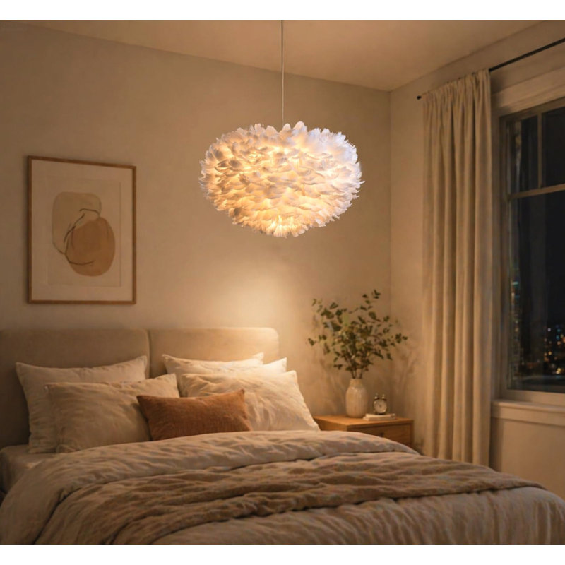Lustre suspendu moderne et glamour à 3 lumières avec abat-jour en plumes d'oie superposées et hauteur de suspension réglable, blanc laiteux