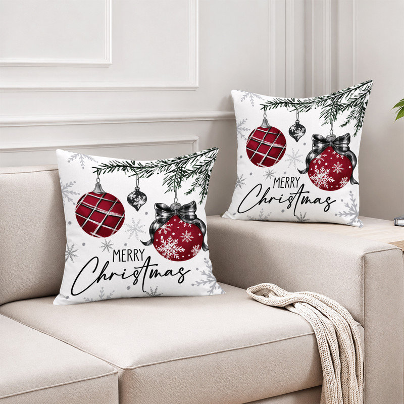 Housses de coussin décoratives en microfibre douce JYK, imprimées recto verso, avec fermeture éclair invisible, idéales pour la décoration intérieure et les cadeaux. 45 x 45 cm, motif boules de pin rouges et noires.