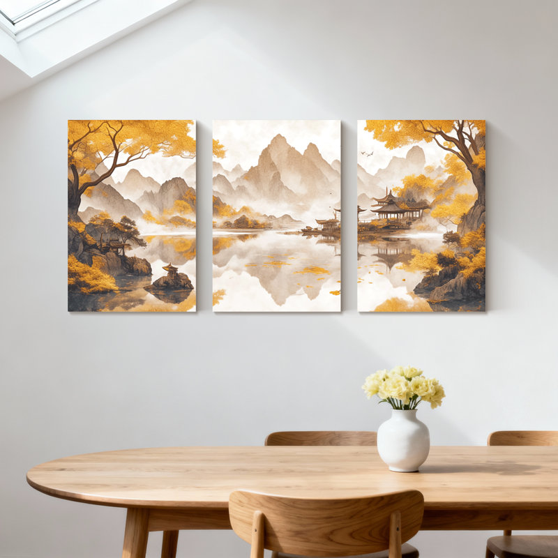 «Landscape & Nature Autumn Mountains Lake Reflection Trees Pavilion Sky», ensemble de 3 impressions sur toile