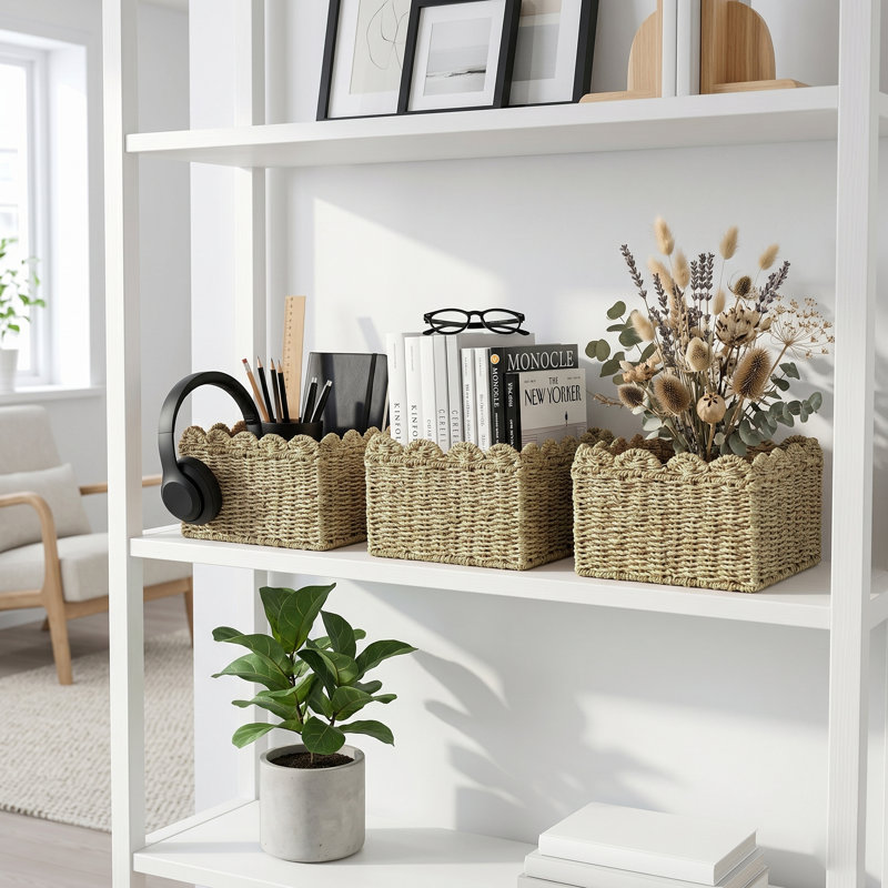 Abercromby Seagrass Basket, 12.6 x 8.7 x 6.7 Inches, Gray Brown with Scallop Edge – Woven Storage Tray for Bathroom Towels, Closet Shelves, or Nursery Toys
