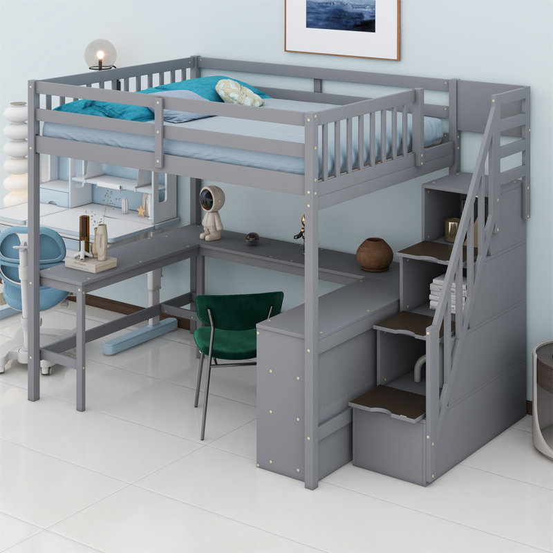 Loft Bed With Built-In L-Shaped Desk And Three-Tier Storage Shelves,And Attached Storage Staircase, Gray