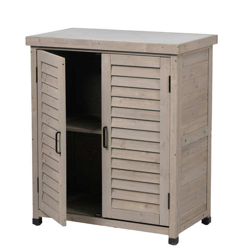 Potting Bench With Storage Cabinet And Metal Table Top For Outdoor Patio, Garden Furniture Wood Workstation (Cabinet), Gray