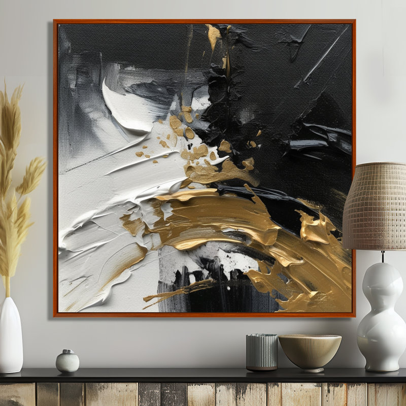 Exquis Darling Gold Abstract Wave On Black I - peinture abstraite, art mural, H 16 po x l 16 po x P 1 po, Cadre flottant brun