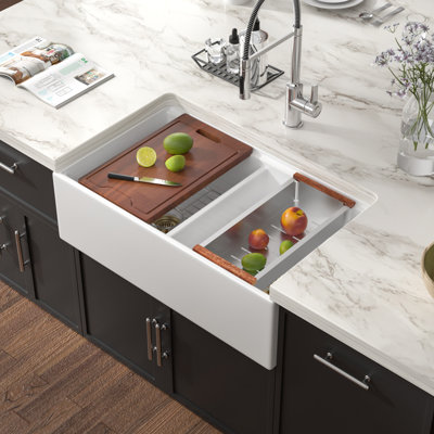 33"L x 20"W Workstation Ceramic Kitchen Sink Farmhouse Apron Double Bowl Kitchen Sink