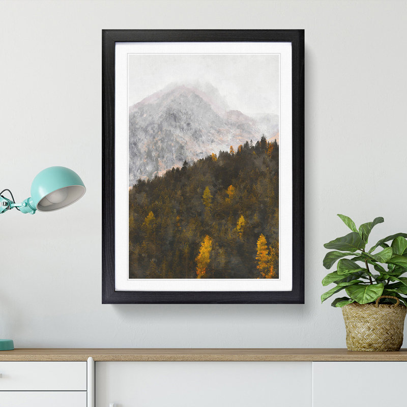 Half Mountain Half Forest - Single Picture Frame Painting on MDF, 63cm H x 45cm W x 2cm D, Black Framed