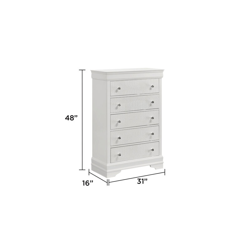 Commode 5 tiroirs de style moderne, structure en bois, Blanc