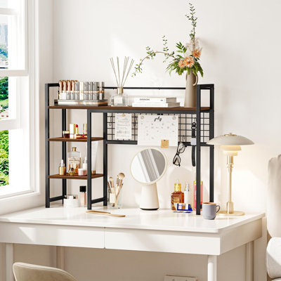 Étagère de bureau 38,6 po, huche de bureau pour écran d'ordinateur, support de bureau à 4 niveaux avec crochets perforés, bibliothèque de bureau en bois pour bureau à domicile