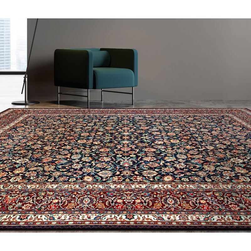 Hand Knotted Wool Area Rug in Navy And Wine