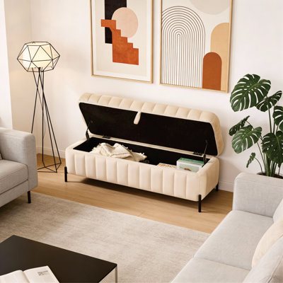 Modern Upholstered Velvet Flip Top Storage Channel-Tufted Bench With Metal Legs by George Oliver
