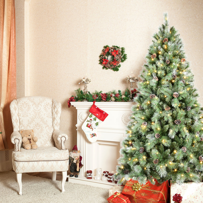 Arbre de Noël 7 pi avec 82 pommes de pin - 1348 pointes, branches mixtes en PVC et en aiguilles dures, structure à charnières pour une installation facile, support en métal robuste - arbre de Noël réaliste