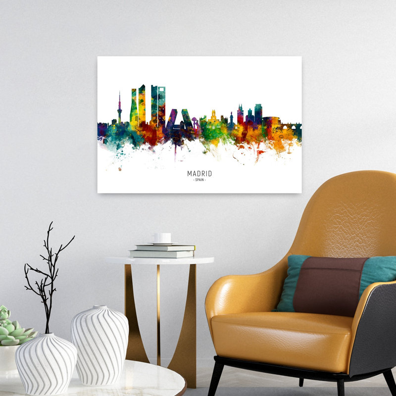 «Vibrant Madrid Skyline», art contemporain urbain, H 16 po x l 24 po