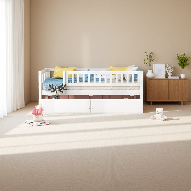 Lit de jour simple en bois avec deux tiroirs, Blanc
